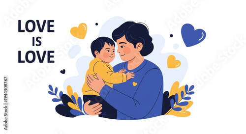 Loving mother embracing her child with hearts and flowers around them