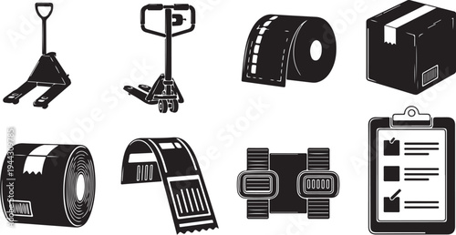 Construction site equipment and tools in black and white