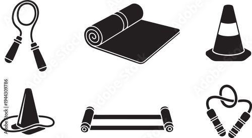 Fitness equipment and exercise tools in black and white