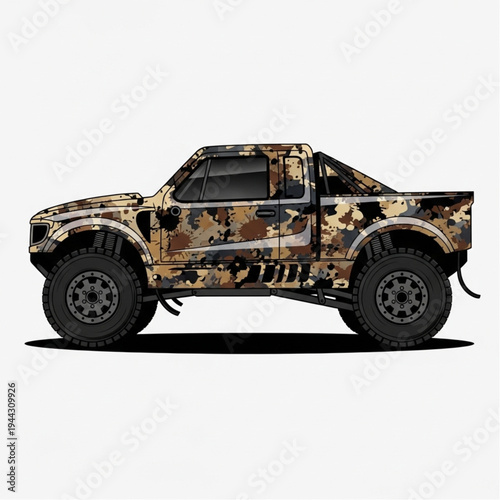 Camo Pickup Truck with Large Tires.