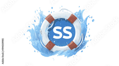 A water-splashed life ring with "SS" inside, floating in watery waves. The image is on white