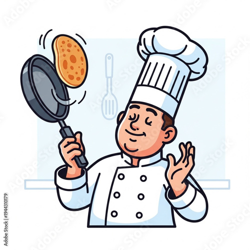 Cartoon Chef Flipping Pancake in Kitchen.