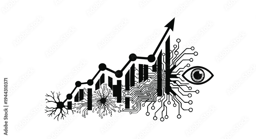 Naklejka premium Vector business graph illustration with eye and neuron, black and white