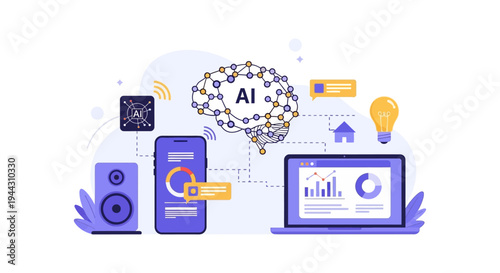 Artificial Intelligence (AI) Brain Connecting IoT, Data Analytics, Mobile Technology, and Smart Home Automation Network Concept Illustration.
