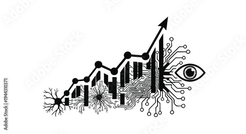 Vector business graph illustration with eye and neuron, black and white