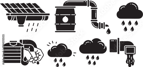 Black and white icons of water and rain systems