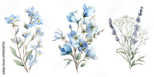 Watercolor illustration of three floral arrangements blue flowers, lavender, and white blooms