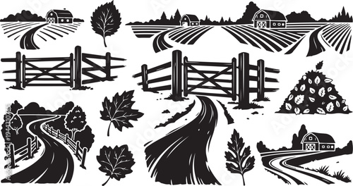Rural landscape illustrations with roads and fences in black