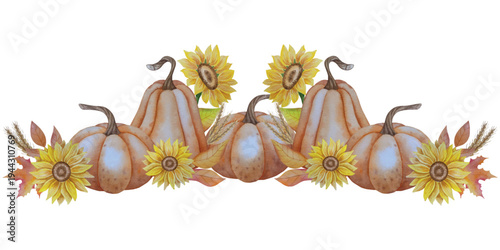 Collection of autumn elements. Fall compositions with pumpkins, maple leaves, sunflower, rye. Watercolor harvest thanksgiving day illustration. Hand painted illustration for design, print, halloween, 