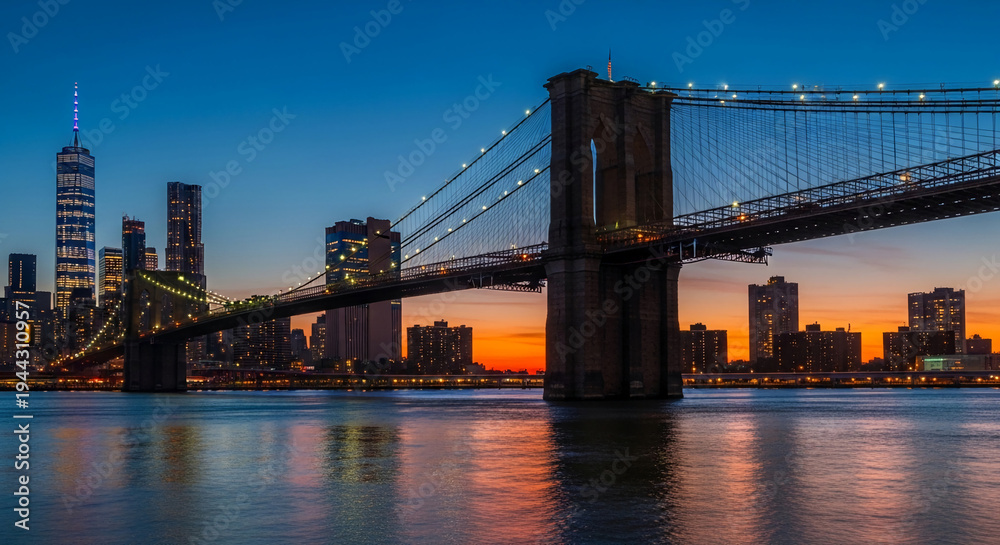 Fototapeta premium Scenic view of bridge and city skyline at dusk, reflecting on water, showcasing urban connection and architectural landmark, perfect for travel concept