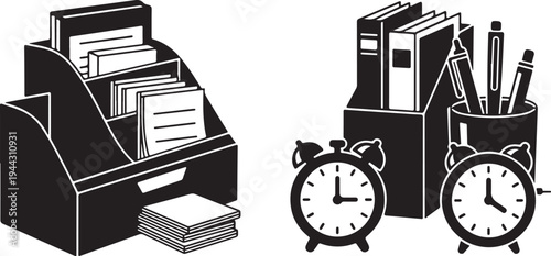 Office supplies and clocks on a white background illustration