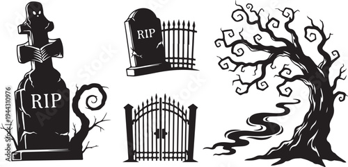 Halloween graveyard scene with tombstones and spooky tree silhouettes