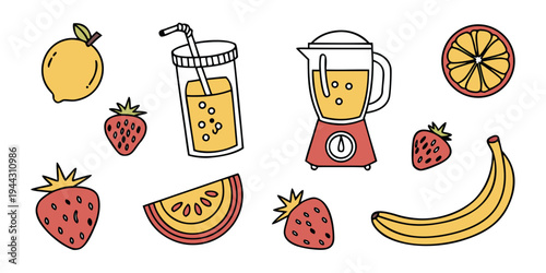 A variety of fruits, a blender, and a glass of smoothie on a white background