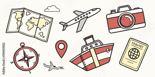 A collection of travel icons including a map, airplane, and suitcase