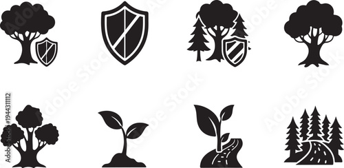 Environmental protection and conservation icons in black and white