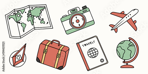 Assorted travel items including a passport, money, and a camera