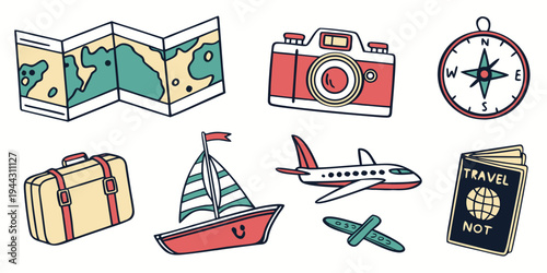 Assorted travel and vacation related icons including a suitcase, airplane, and beach.