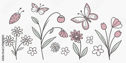 A beautiful floral design featuring a variety of flowers and butterflies in soft pastel colors
