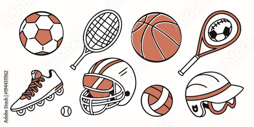 A variety of sports equipment including balls, rackets, and a bat.