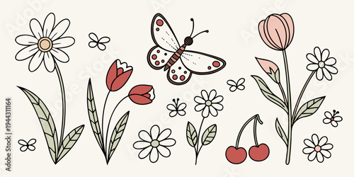 A delightful illustration of various flowers, butterflies, and cherries in a whimsical style