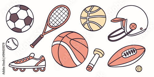 Assorted sports equipment including rackets, balls, and protective gear