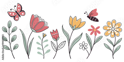 A vibrant illustration of colorful flowers with green stems and leaves