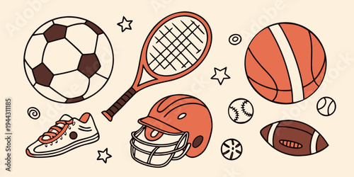 Assorted sports equipment including a soccer ball, tennis racket, baseball bat, and more.