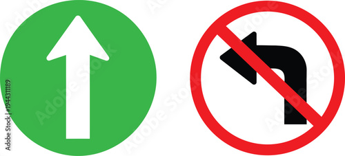 Traffic Sign Vector Set - Green Go Straight Arrow and No Left Turn Prohibition Signal