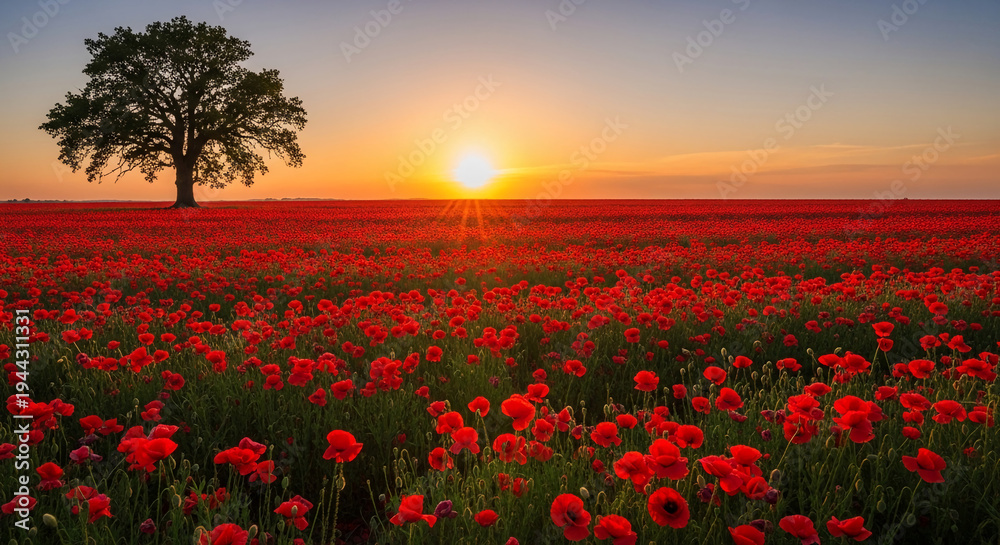 Fototapeta premium Vibrant red poppy field at sunset, with a solitary tree. Symbolizes nature's beauty, peace, and the tranquility of an open landscape