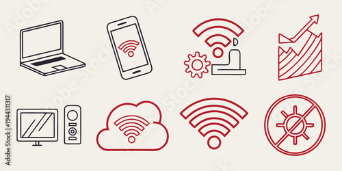 A collection of icons representing various aspects of technology and connectivity.
