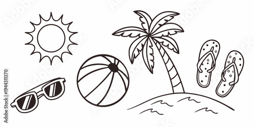 A sunny beach scene with a sun, palm tree, beach ball, and sunglasses