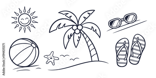 Beach scene illustration featuring a sun, palm tree, starfish, beach ball, and flip flops
