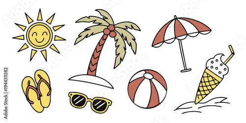 A vibrant beach scene with a sun, palm tree, beach ball, sandals, and an umbrella.