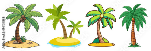 Set of tropical palm trees on small sand islands, flat vector illustration of exotic plants and summer vacation elements isolated on white background.