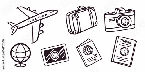 A collection of travel items including a plane, globe, camera, passport, and suitcase