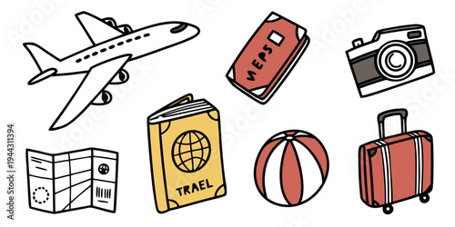 A collection of travel items including an airplane, suitcase, map, and beach ball.