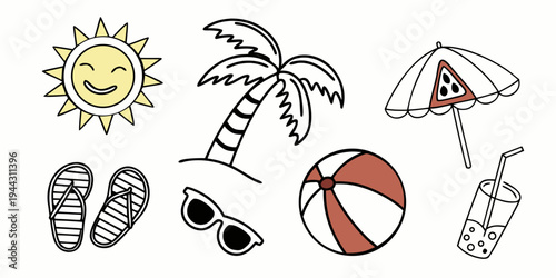 Assorted beach items including a sun, palm tree, sandals, sunglasses, beach ball, and umbrella.