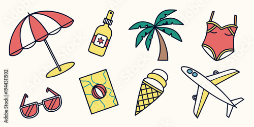 Assorted beach items including a beach ball, umbrella, sunglasses, and more