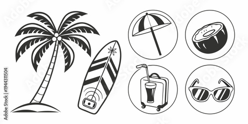 A palm tree and various beach items including a surfboard, sunglasses, and a coconut.