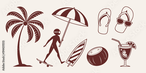 A person holding an umbrella walking on the beach with a surfboard and flip flops.