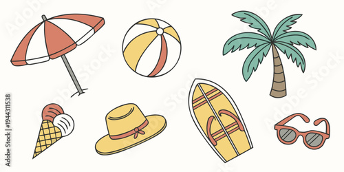 Assorted beach items including an umbrella, sandals, ice cream, and a volleyball