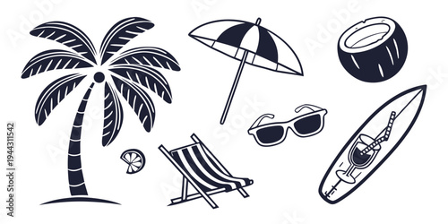 A beach scene with a palm tree, umbrella, surfboard, and beach chair