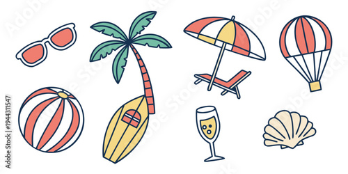 Assorted beach items including a cocktail, umbrella, and seashells