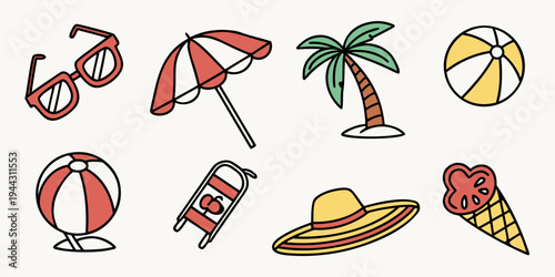 A variety of beach and summer items including umbrellas, beach balls, and hats