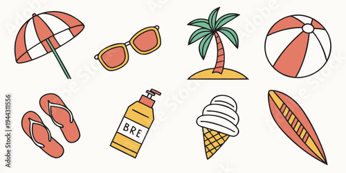 Assorted beach items including sandals, umbrella, and ice cream cone