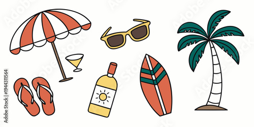 A vibrant beach scene featuring a surfboard, sandals, umbrella, and tropical drinks