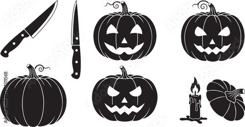 Halloween icons including pumpkins, knives, and candle light
