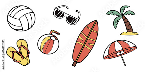 Assorted beach and sports items including a volleyball, frisbee, surfboard, and sunglasses