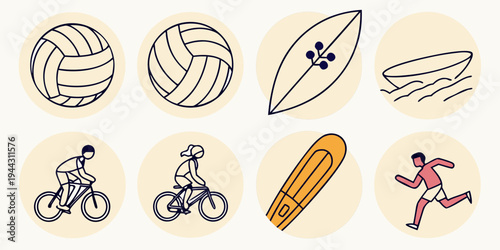 Assorted sports equipment and activities including volleyball, frisbee, and bicycling