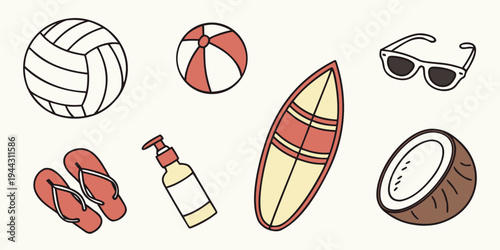Assorted beach items including a volleyball, sandals, sunglasses, and a surfboard